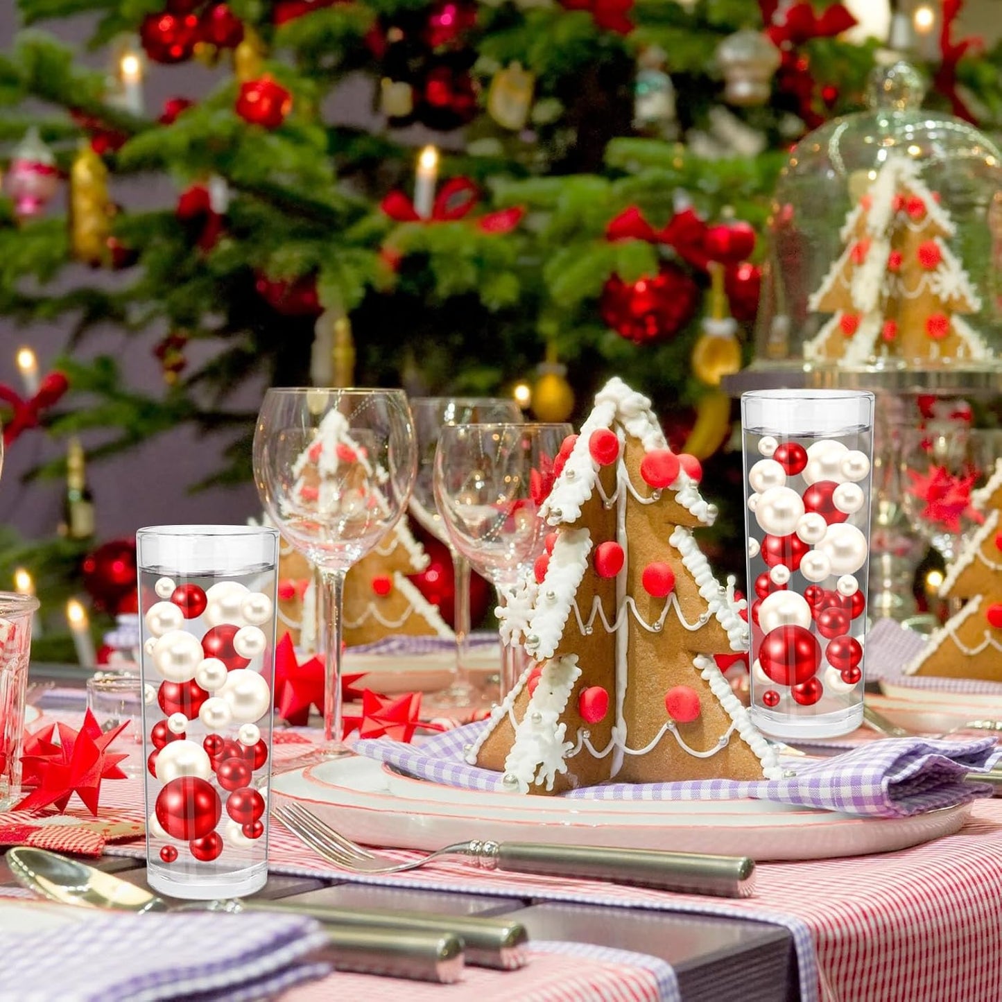 100PCS Red White Faux Pearls Beads for Centerpiece Vases, Vase Filler Faux Pearls, No Holes Filler Beads for Party Anniversary Birthday Wedding Table Decor, 14/20/30mm