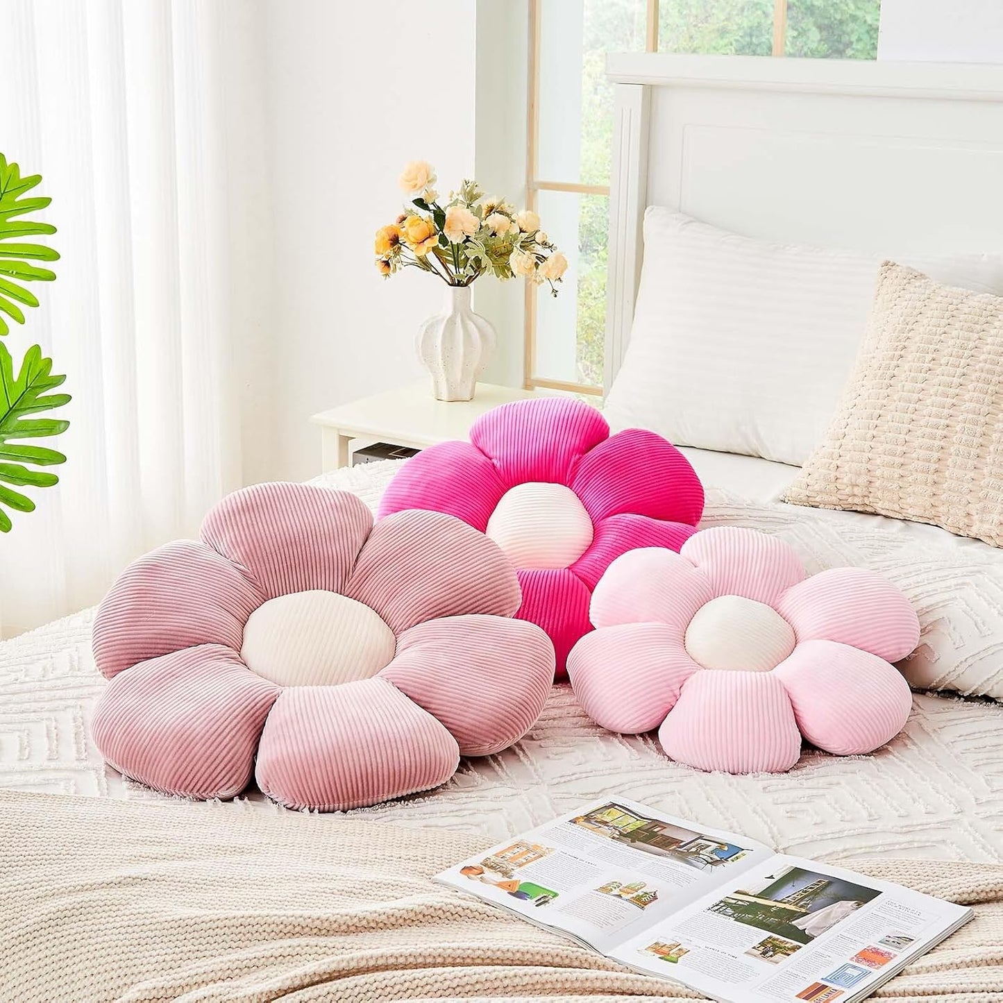 Pink Flower Pillow, 19.6" Cute Flower Shaped Floor Pillow, Aesthetic Floral Plush Daisy Decorative Throw Pillows for Bed Sofa Couch