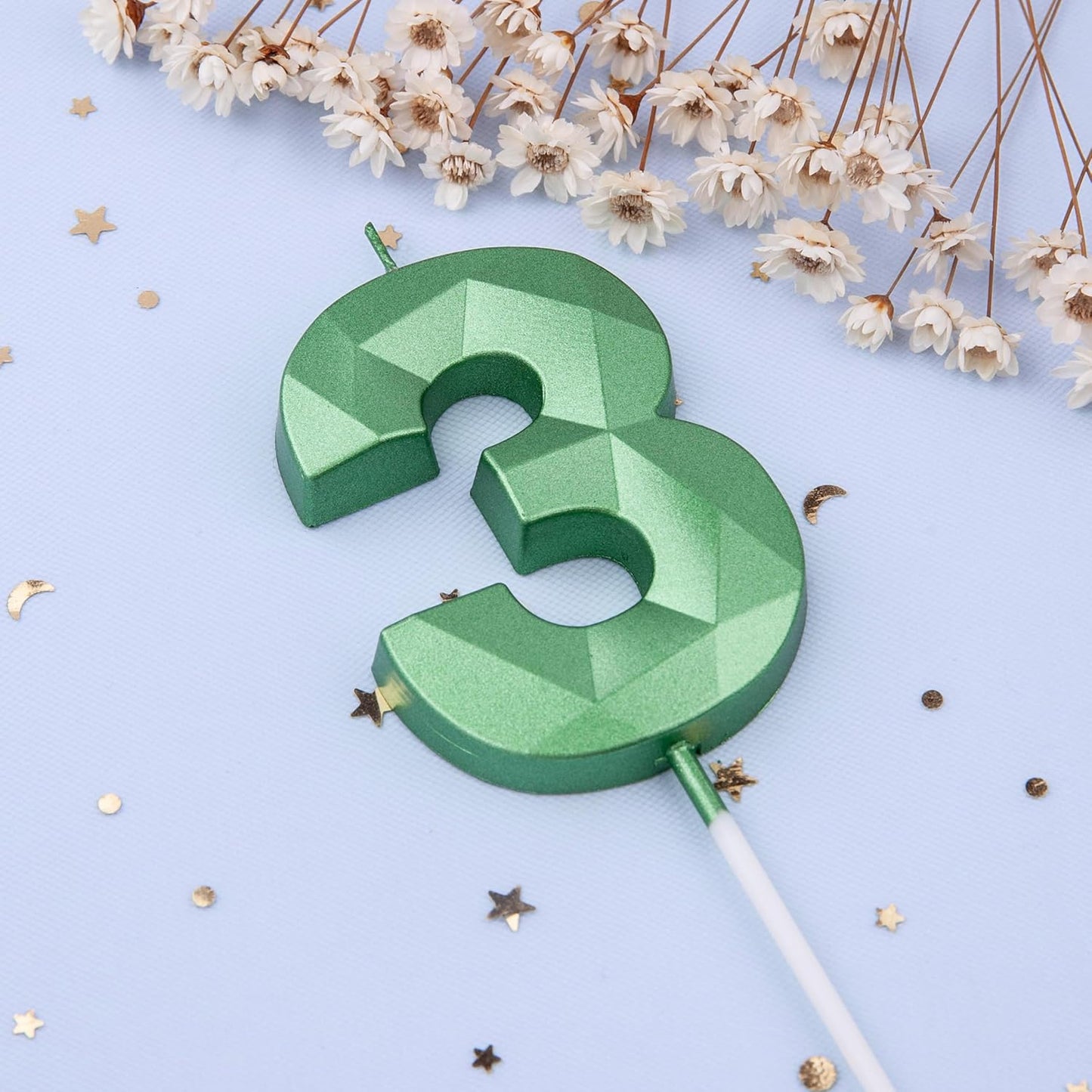 PHD CAKE 2.76 Inch Crystal Green 3 Number Cake Candle, Numeral Birthday Candles, Green Number Candles, Party Celebration