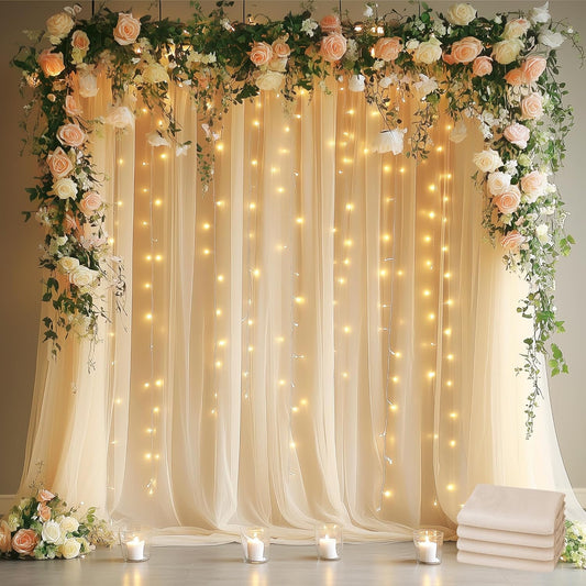 Fomcet Tulle Curtains with Lights String Champagne 20FT X 8FT Sheer Backdrop Curtains for Parties Wedding Baby Shower Photo Shoot Decorations (4 Panels 5 x 8FT)