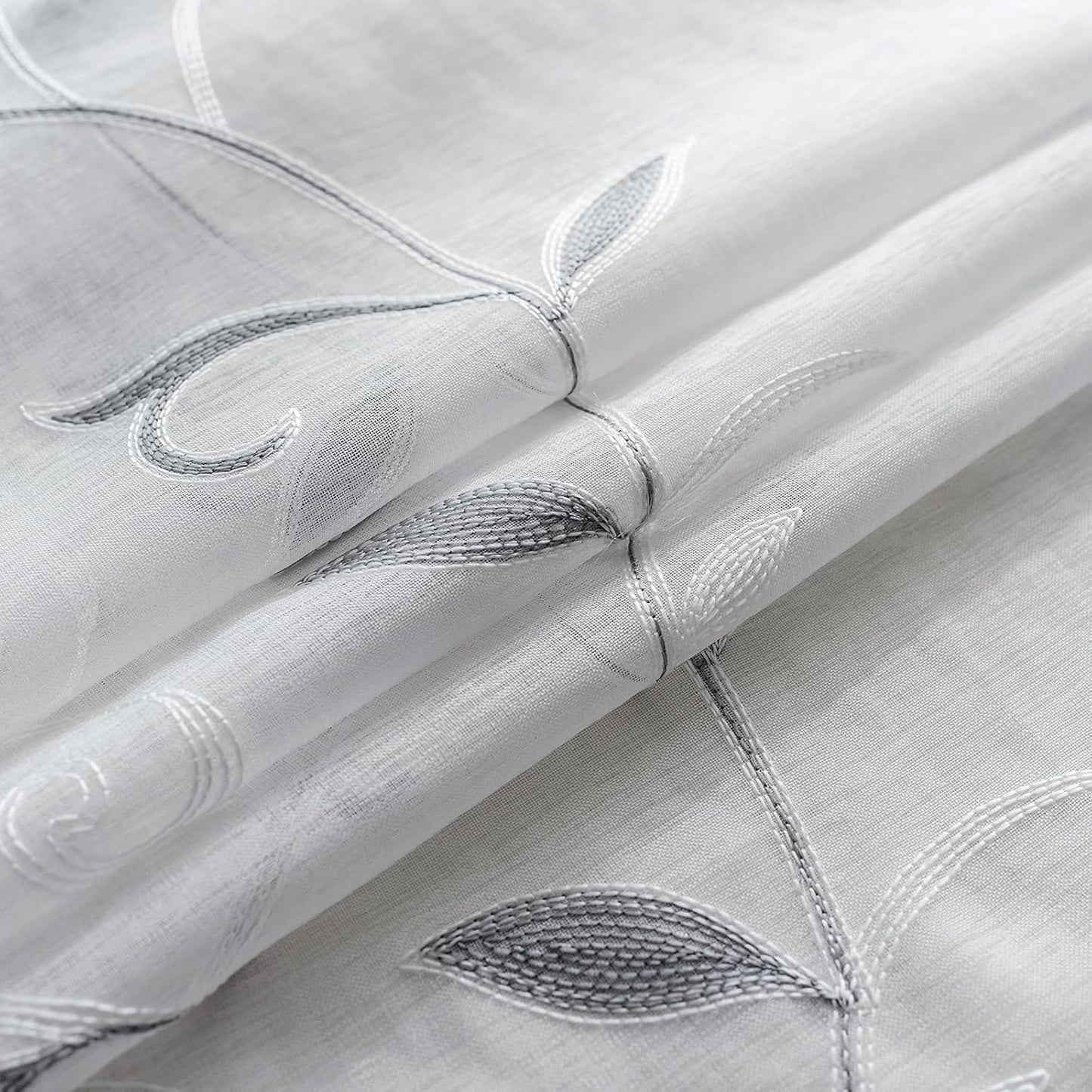 VISIONTEX White Sheer Voile Curtains, Decorative Leaves Embroidery Faux Linen Rod Pocket Window Drapes for Home Kitchen, Living Room and Bedroom 26 x 36 Inch, Set of 2 Curtain Panels
