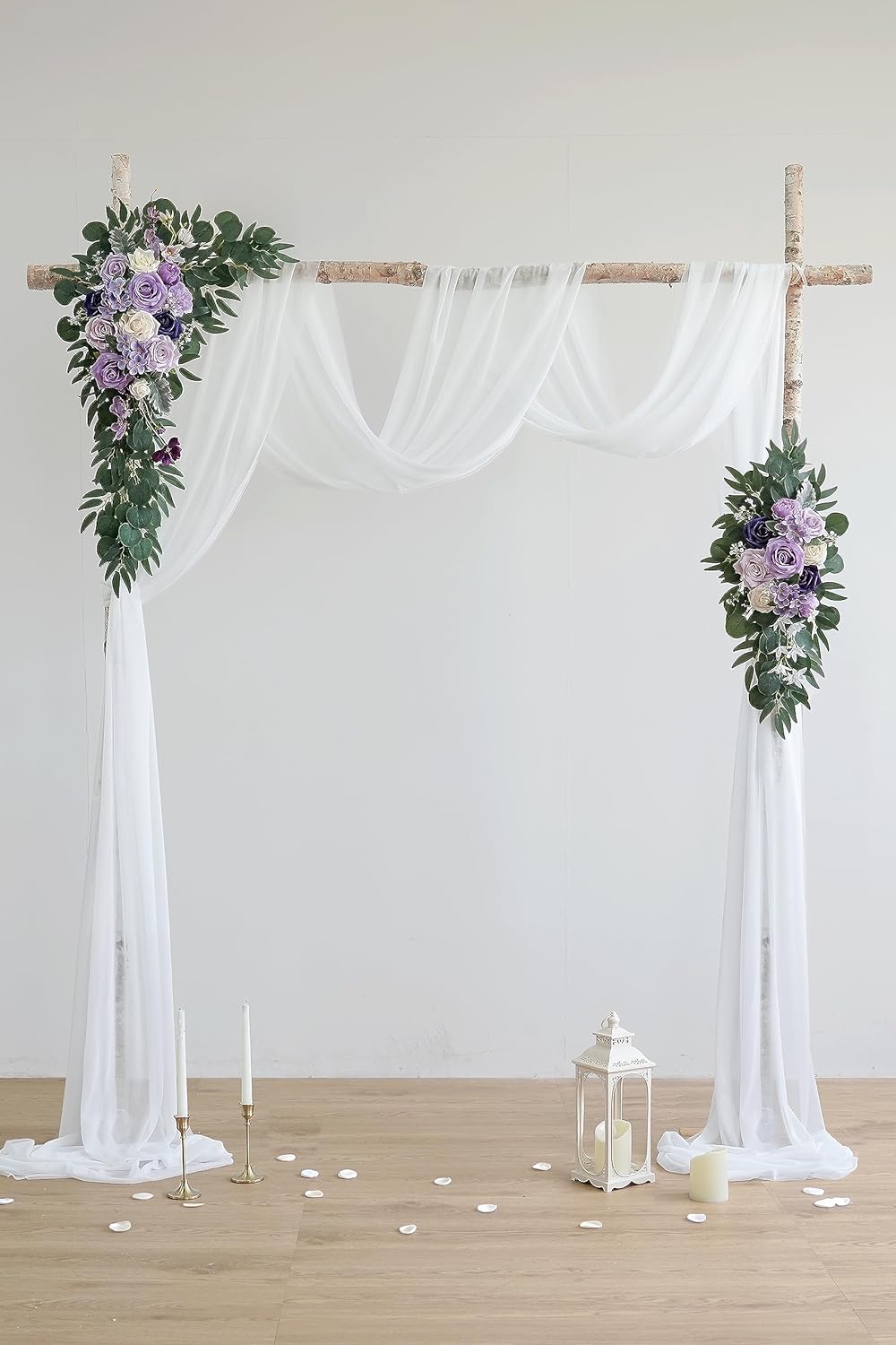 Lilac Artificial Wedding Arch Flowers Kit (Pack of 3) with 26Ft White Shiny Arch Draping Fabric for DIY Wedding Party Ceremony Reception Backdrop Floral Decoration