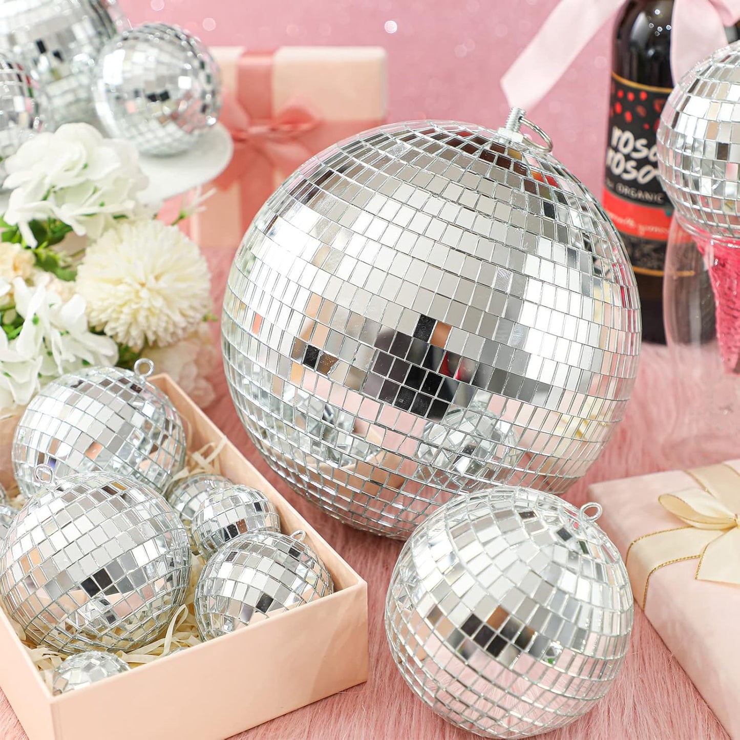 Haull 8 Pcs Large Disco Ball Set Silver Mirror Disco Reflective Ball with Hanging Ring Party Ornament Decoration for Stage Club Ballroom Dance Hall Wedding Prom Props(12'', 8'', 6'', 4'')