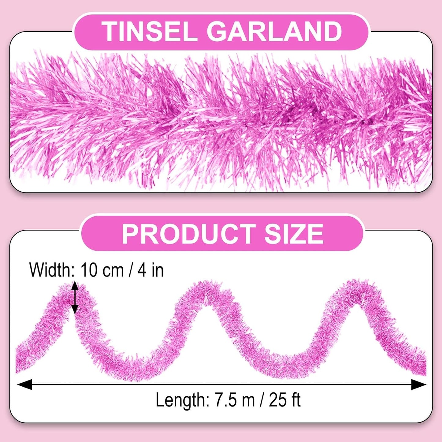 25 Feet Macaron Pink Christmas Tinsel Garland, Metallic Foil Twist Garland Wall Hanging Tinsel Banner Backdrop for Parade Floats, Easter, Mother's Day, Birthday Party Decorations (4in x 25ft)