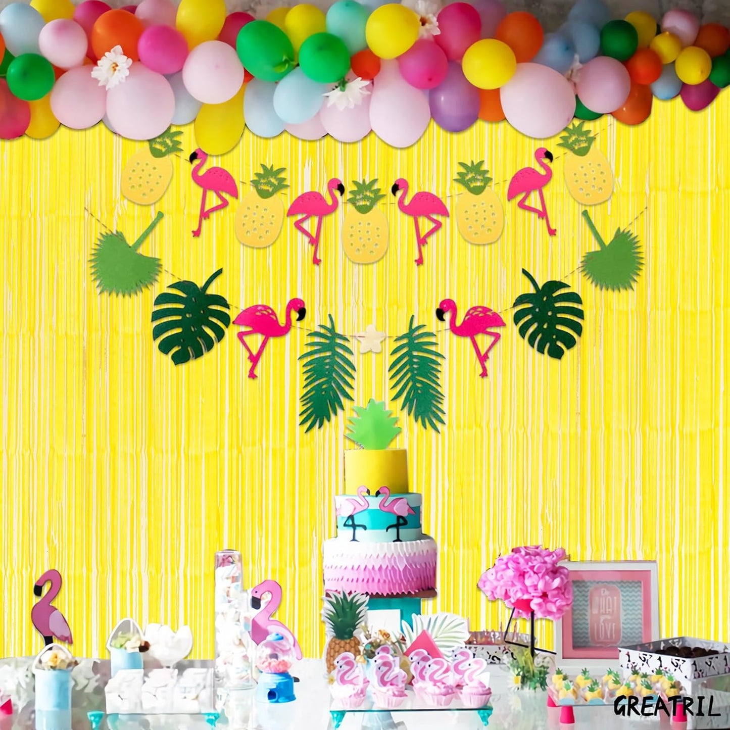 Yellow Streamers Party Backdrop - GREATRIL Foil Fringe for Pineapple/Lemon/Truck/Race Birthdays Party Decoration - 3.2ft X 8.2ft - 2 Packs