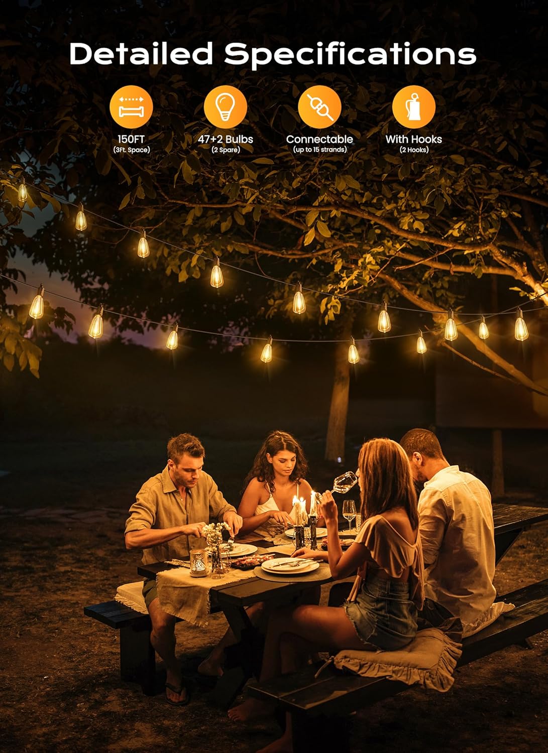 Brightown Outdoor String Lights, 150FT 47+2 LED ST38 LED Patio Lights Shatterproof, Dimmable IP65 Waterproof Connectable Hanging Outdoor Light for Backyard, Porch, Deck, Balcony