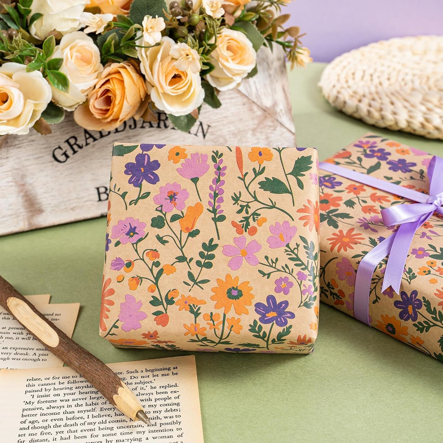 WRAPAHOLIC Kraft Floral Wrapping Paper Roll - Mini Roll - 17 Inch x 33 Feet - Vintage Flower Wrapping Paper, Perfect for Wedding, Birthday, Bridal Shower, Tea Party