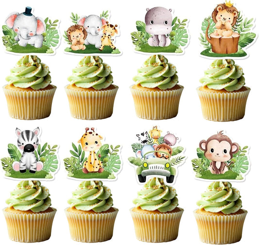 Safari Animal Cupcake Toppers – 24-Pack Jungle Safari Cake & Cupcake Picks with Lion, Elephant, Giraffe, Zebra & Monkey Designs, Party Dessert Decorations for Baby Showers & Birthdays
