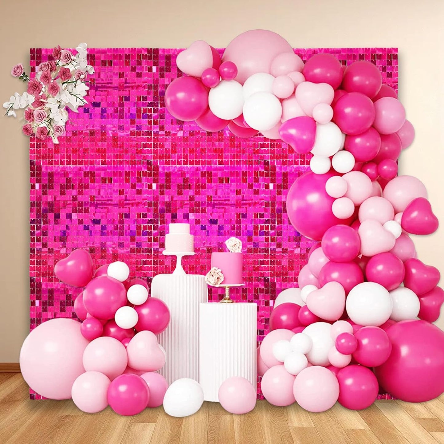 12PCS Fuchsia Shimmer Wall Backdrop, Laser Square Sequin Photo Backdrops Panel, Glitter Wall Background for Birthdays, Weddings, Christmas, Engagements, Disco Bachelorette Party Decoration (3FTx4FT)