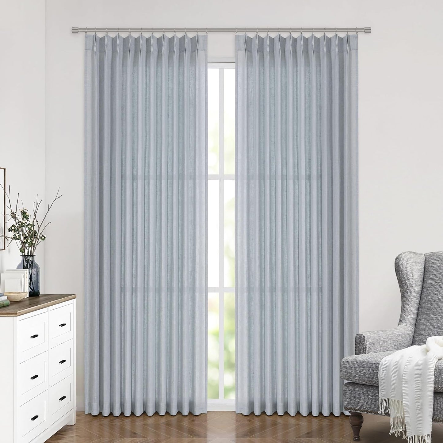 Vision Home Blue Fog Pinch Pleated Semi Sheer Curtains Textured Linen Blended Light Filtering Window Curtains 102 inch for Living Room Bedroom Patio Pinch Pleat Drapes with Hooks 1 Panel 60" Wx102 L