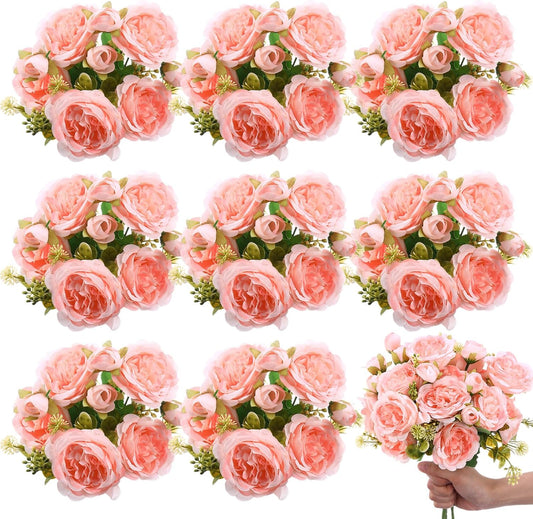8 Bundles Artificial Peonies Flowers Boho Faux Flowers Arrangements Artificial Centerpiece Spring Bouquet Floral Wedding Decoration for Vase(Light Pink)