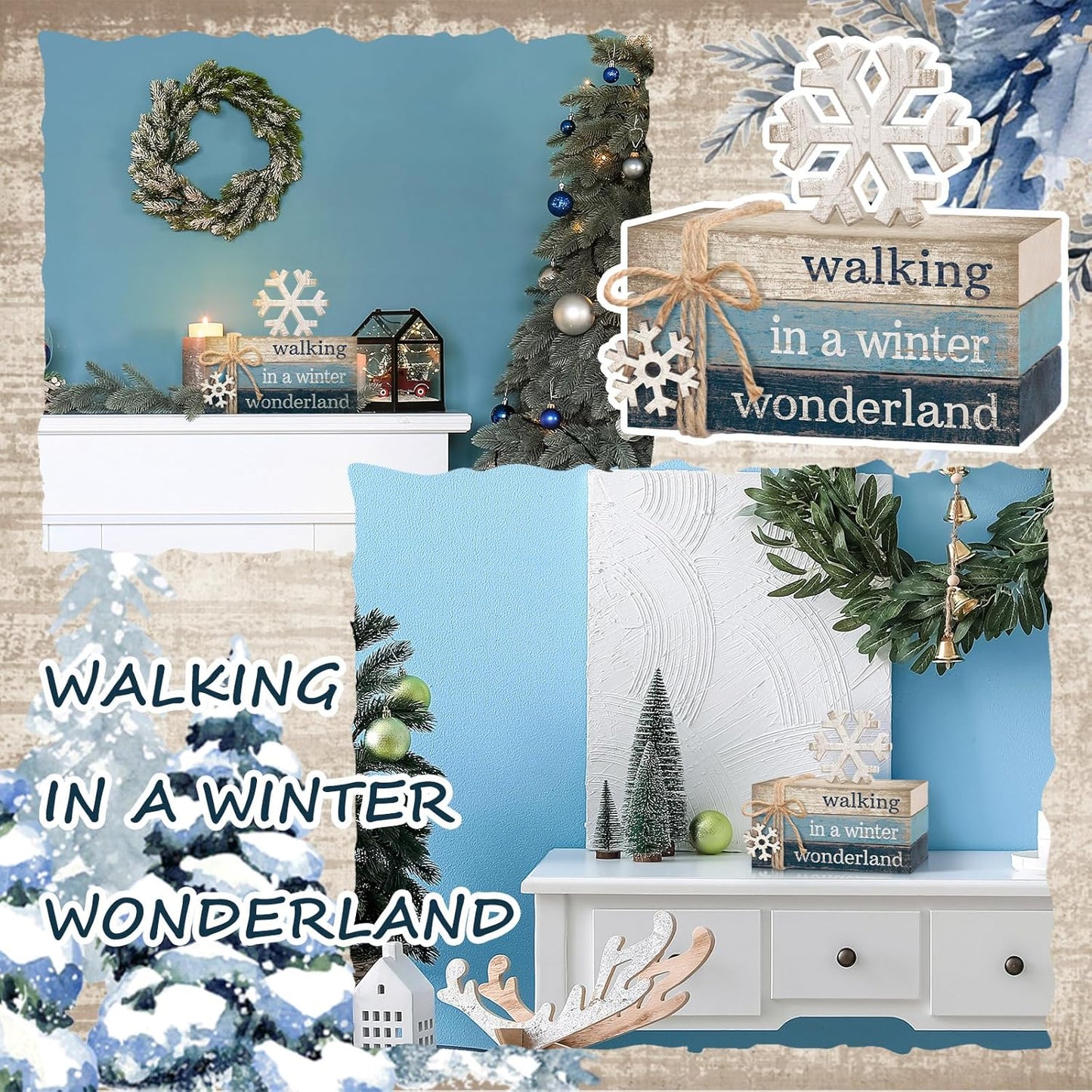 4 Pcs Christmas Table Decorations Winter Snowflake Tiered Tray Decorations Decorative Mini Wooden Books Signs Block Centerpiece for Shelf Office Tabletop Bookshelf Housewarming Gifts