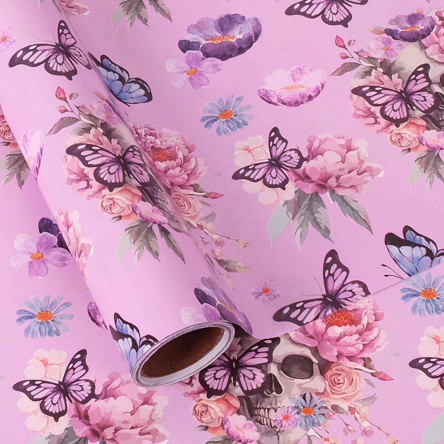 Aimyoo Gothic Wrapping Paper Roll, 17 Inch X 16.5 Feet Skull Floral Butterfly Design Gift Wrap Paper for Mother's Day, Birthday Bridal Shower