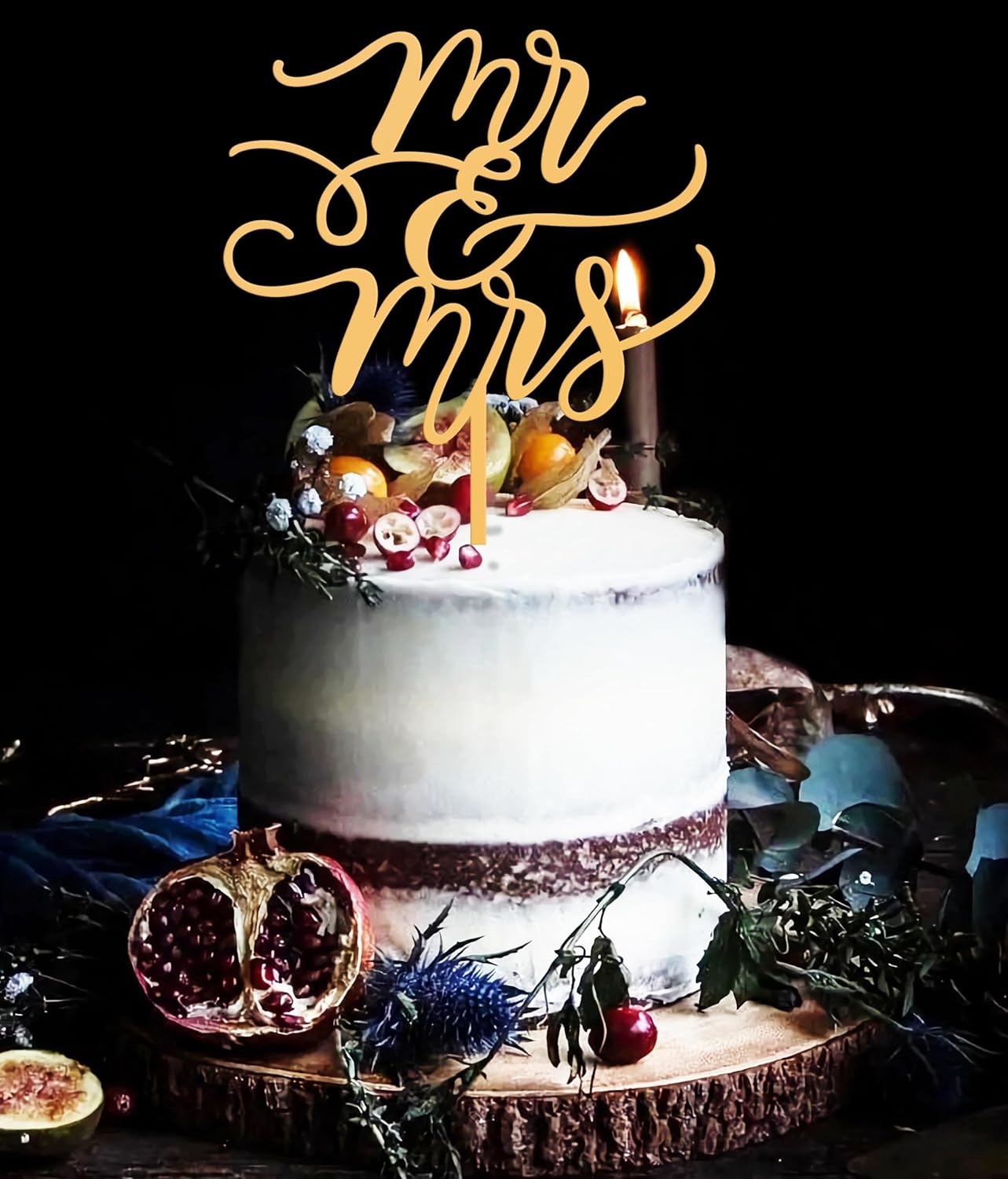 Mr and Mrs Cake Topper - Glitter Gold Acrylic Wedding Cake Decorations, Bride and Groom Cake Pick (Gold)