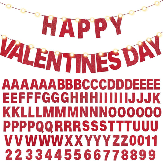 TaoBary 112 Pcs DIY Letter Custom Banner Glitter Customizable Banner Kit Including 107 Letters and Numbers 3 Rope for Valentine Birthday Party(Red)