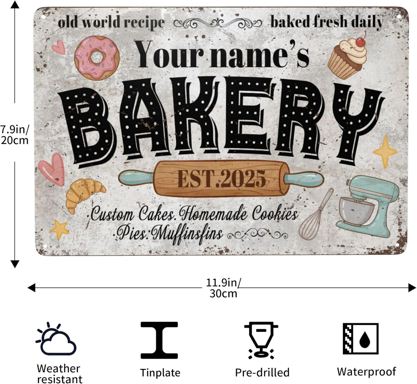Custom Bakery Metal Sign Personalized Baked Goods Bakers Signs Decor Fresh Bread Daily Rustic Pies Cakes Decor Homemade Plaque Tin Wall Art Gifts