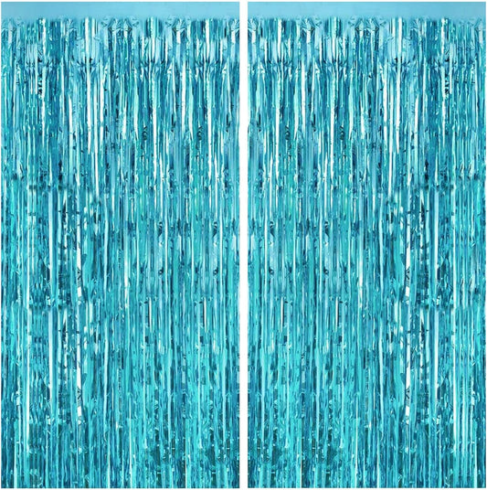 CANREVEL 2 Pack 3.3x8.2 Feet Light Blue Foil Fringe Backdrop Curtains, Tinsel Streamers Birthday Party Decorations, Fringe Backdrop for Birthday Baby Shower Mermaid Under The Sea Ocean Frozen Party