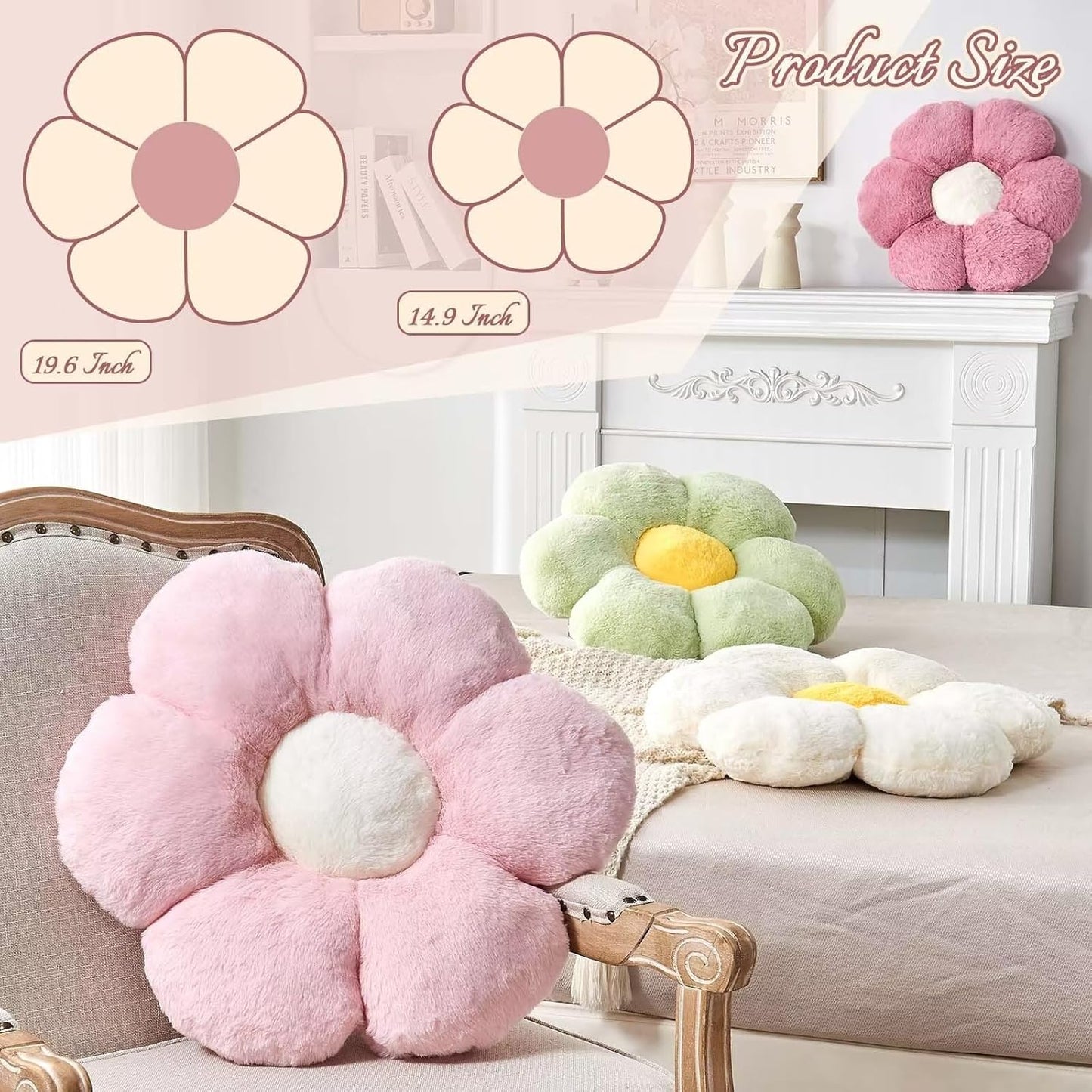 Pink Flower Pillow, Cute Decorative Flower Shaped Throw Pillow with Faux Rabbit Fur, 14.9" Soft Flower Plush Throw Pillow Floor Pillows Room Décor for Bedroom Living Room