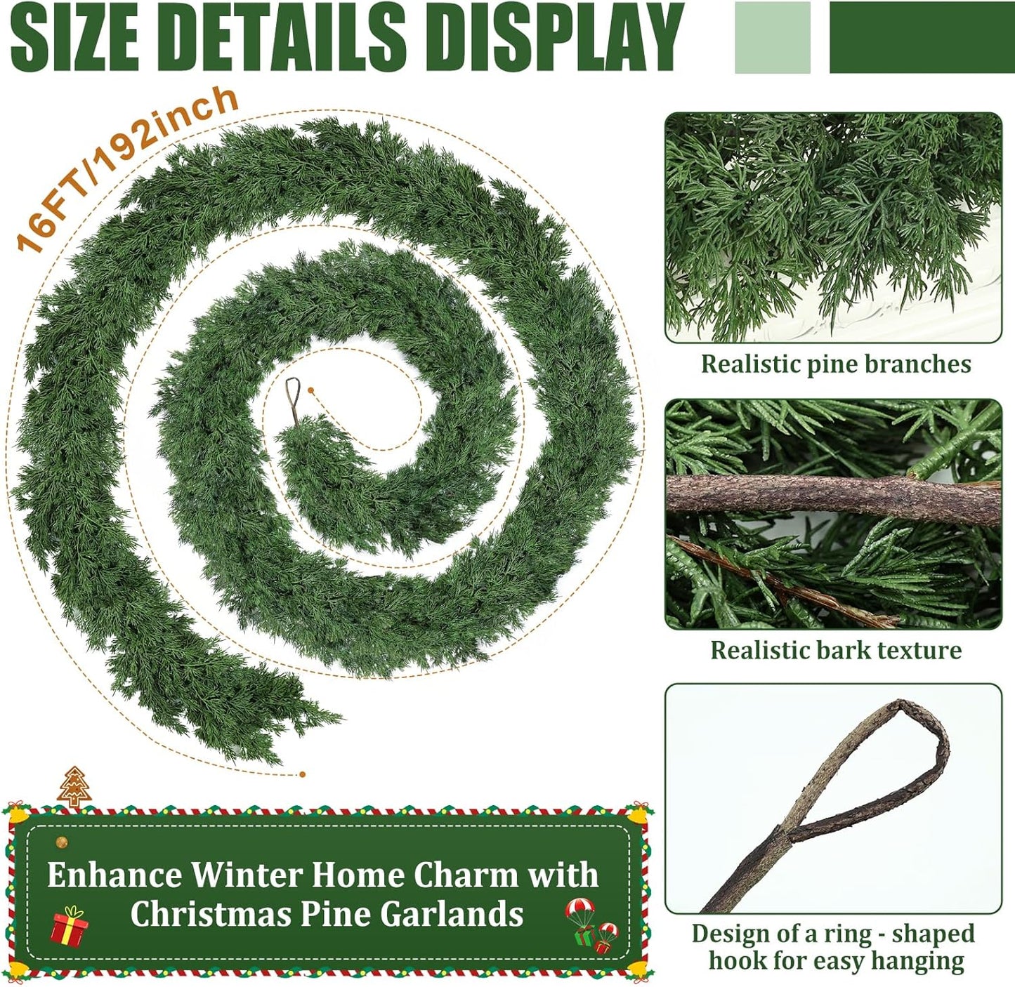 16ft Christmas Cedar Garland, Real Touch Pine Garland, Realistic Cypress Garlands Christmas Decorations for Mantel, Table, Stairs, Porch - Indoor Outdoor Xmas Holiday Decor