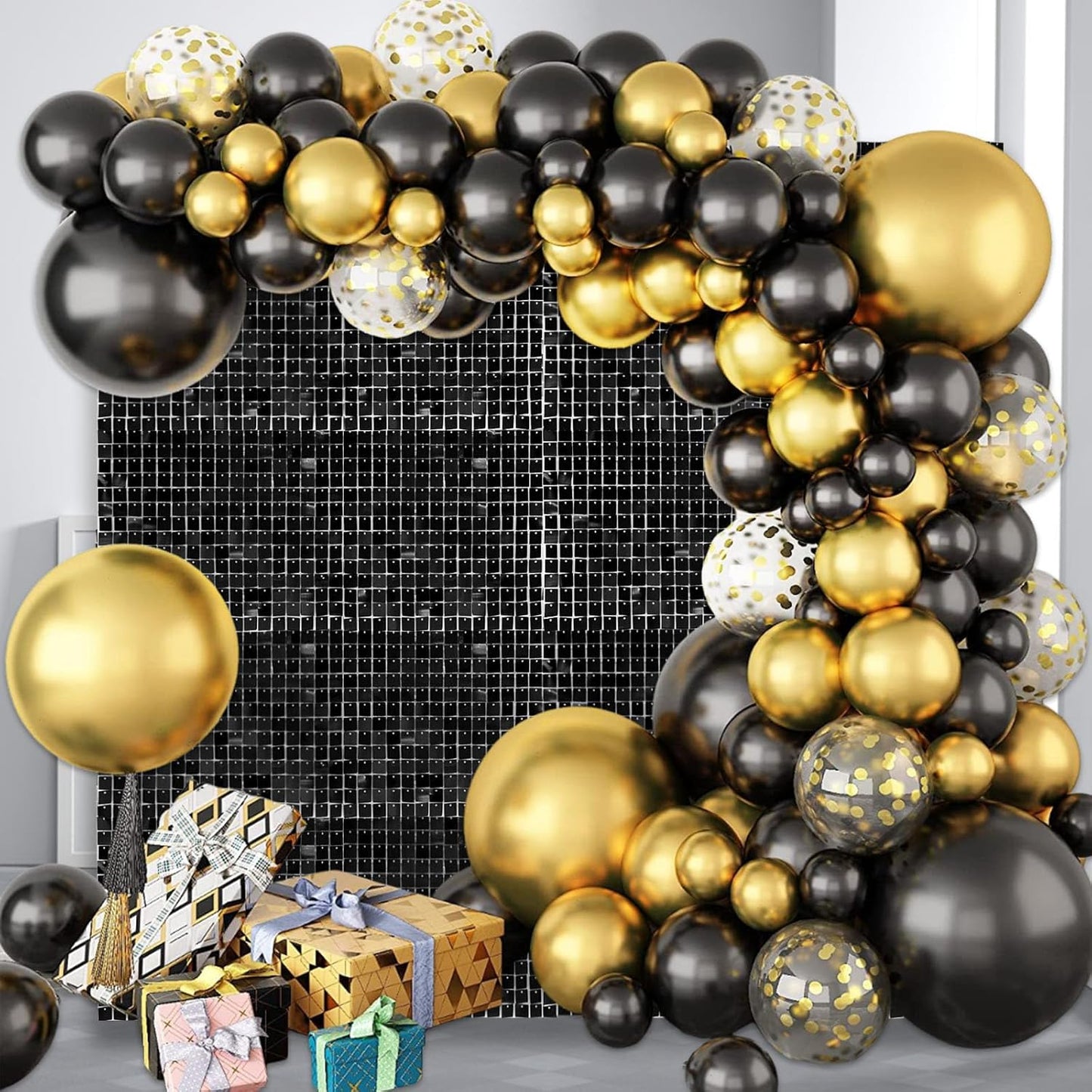 12PCS Black Shimmer Wall Backdrop, Square Sequin Photo Backdrops Panel, Glitter Wall Background for Birthdays, Weddings, Halloween, Engagements, Disco Bachelorette Party Decoration (3FTx4FT)