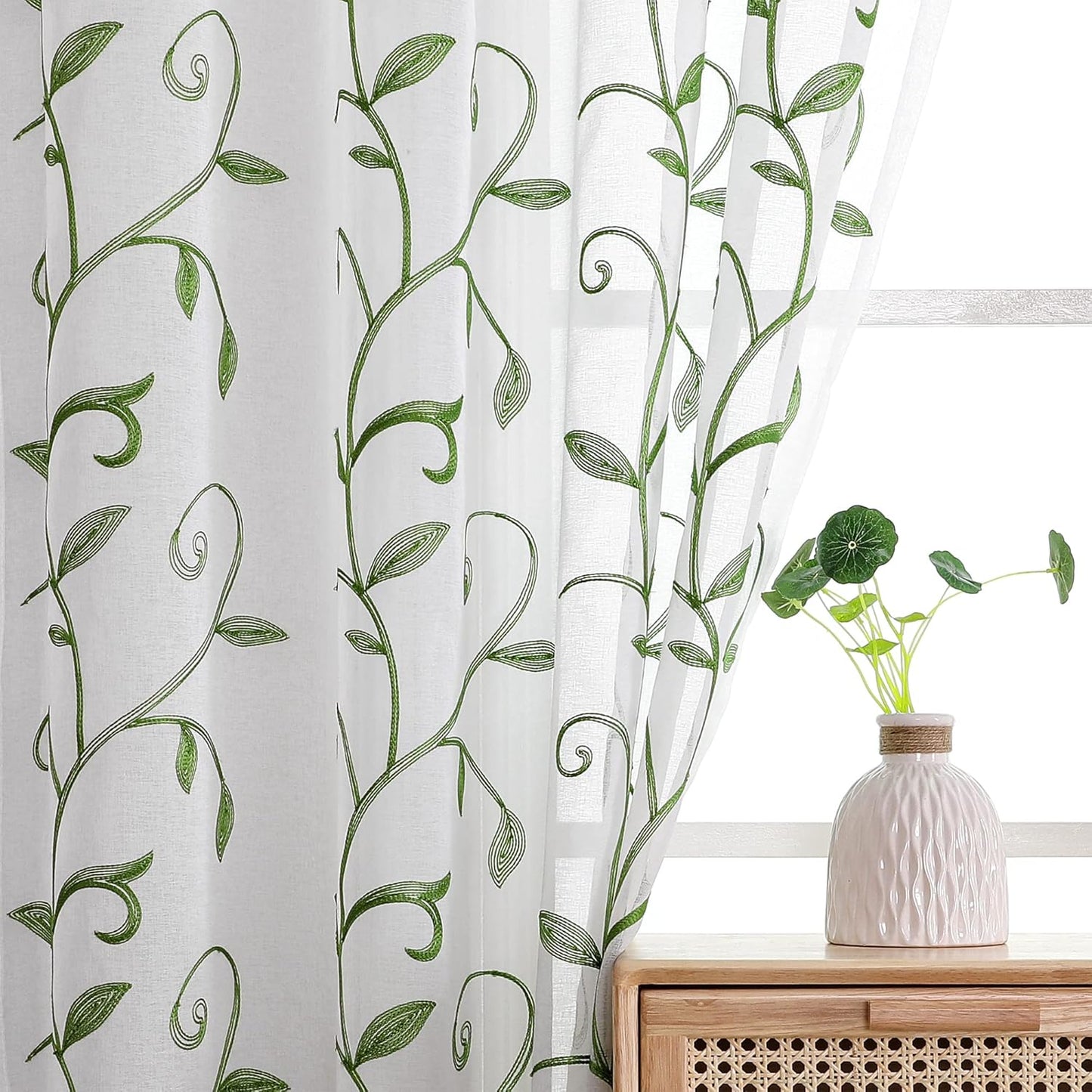 VISIONTEX White Sheer Voile Curtains, Decorative Leaves Embroidery Faux Linen Rod Pocket Window Drapes for Home Kitchen, Living Room and Bedroom 26 x 36 Inch, Set of 2 Curtain Panels