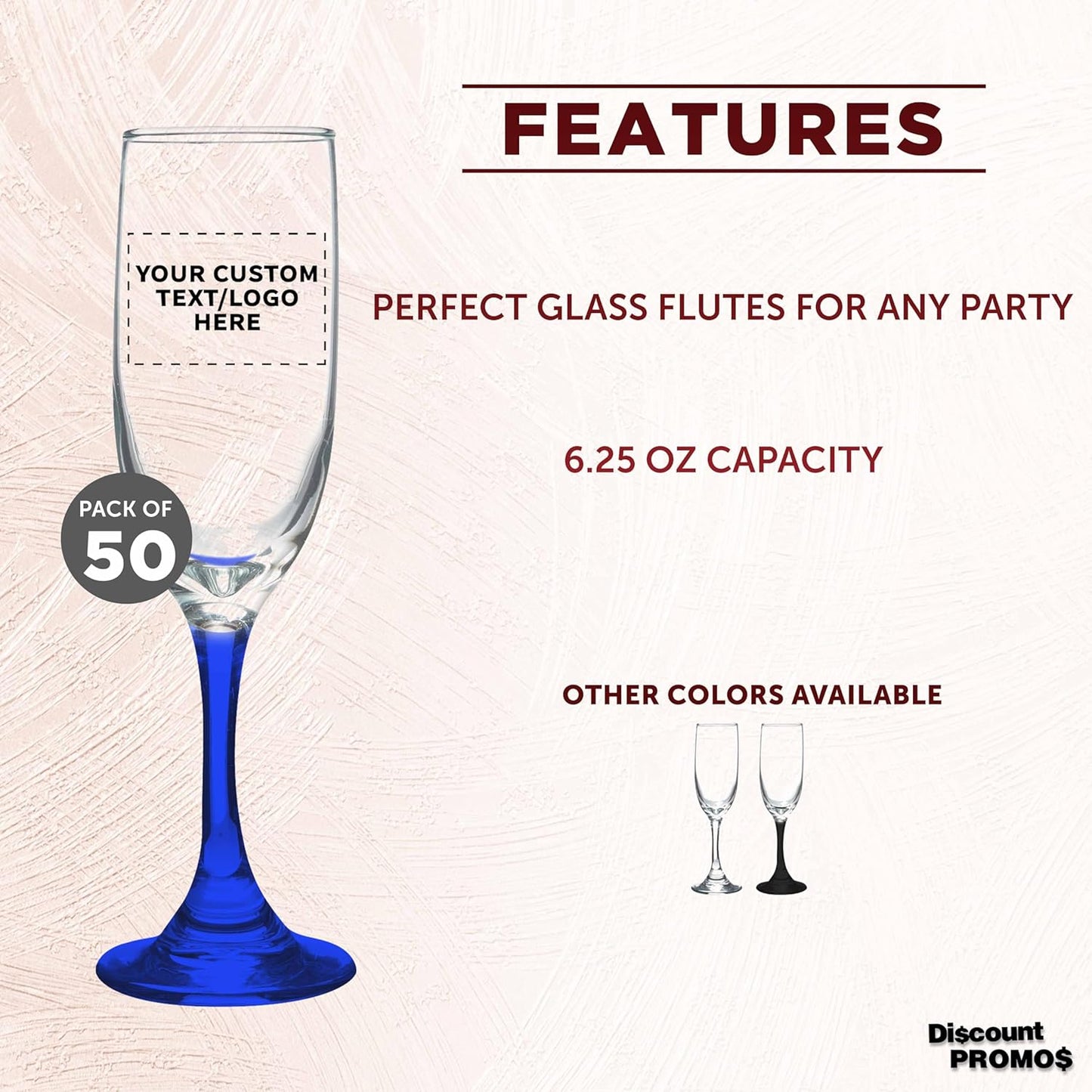DISCOUNT PROMOS Custom Premiere Champagne Flutes 6.25 oz. Set of 50, Personalized Bulk Pack - Elegant Drinkware for Weddings, Events, & Promotional Gifts - Blue