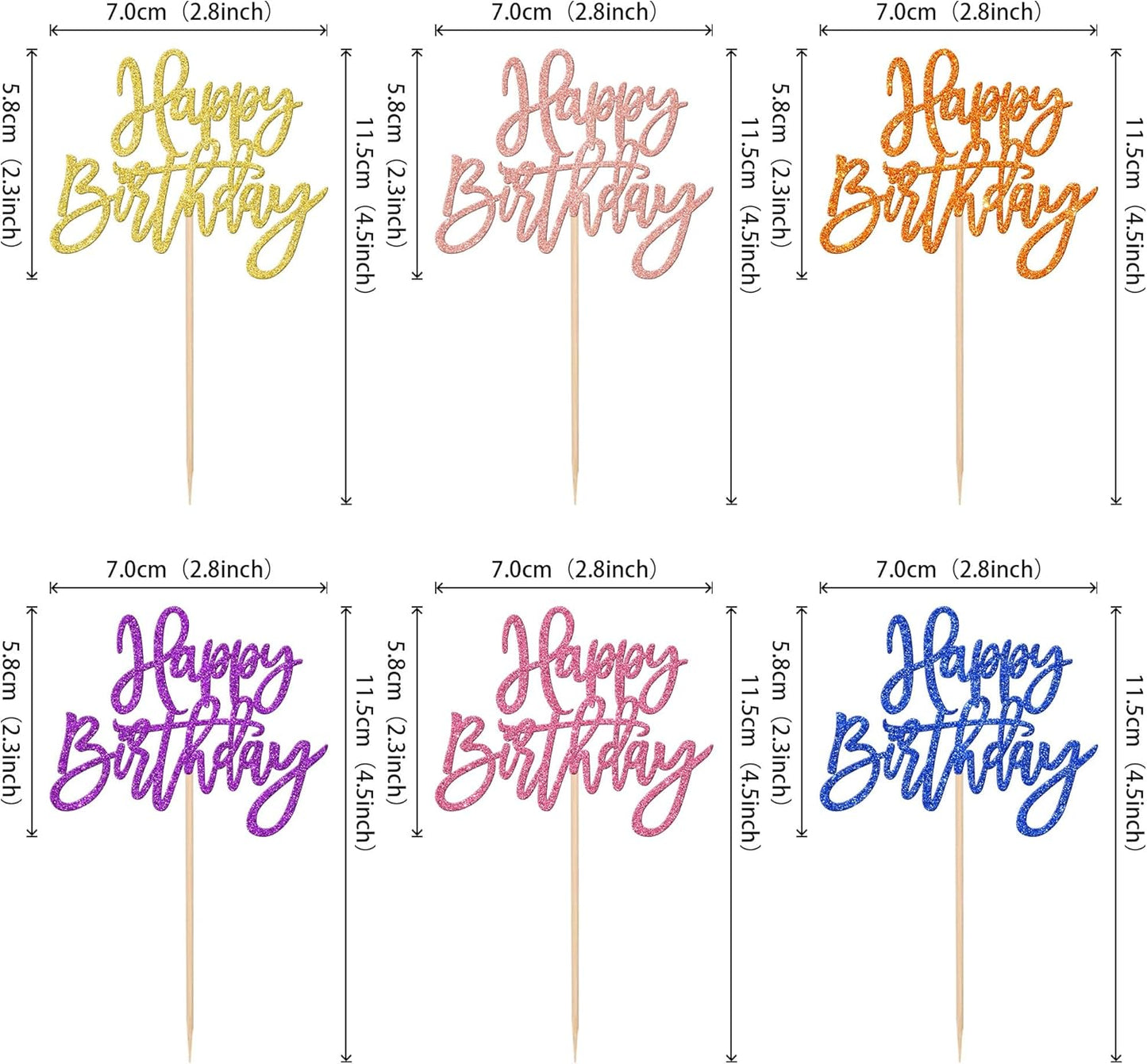 24 PCS Happy Birthday Cupcake Toppers - Multi 6 Colors Glitter Picks for Celebrating Anniversary Theme Party Cake Decorations Supplies