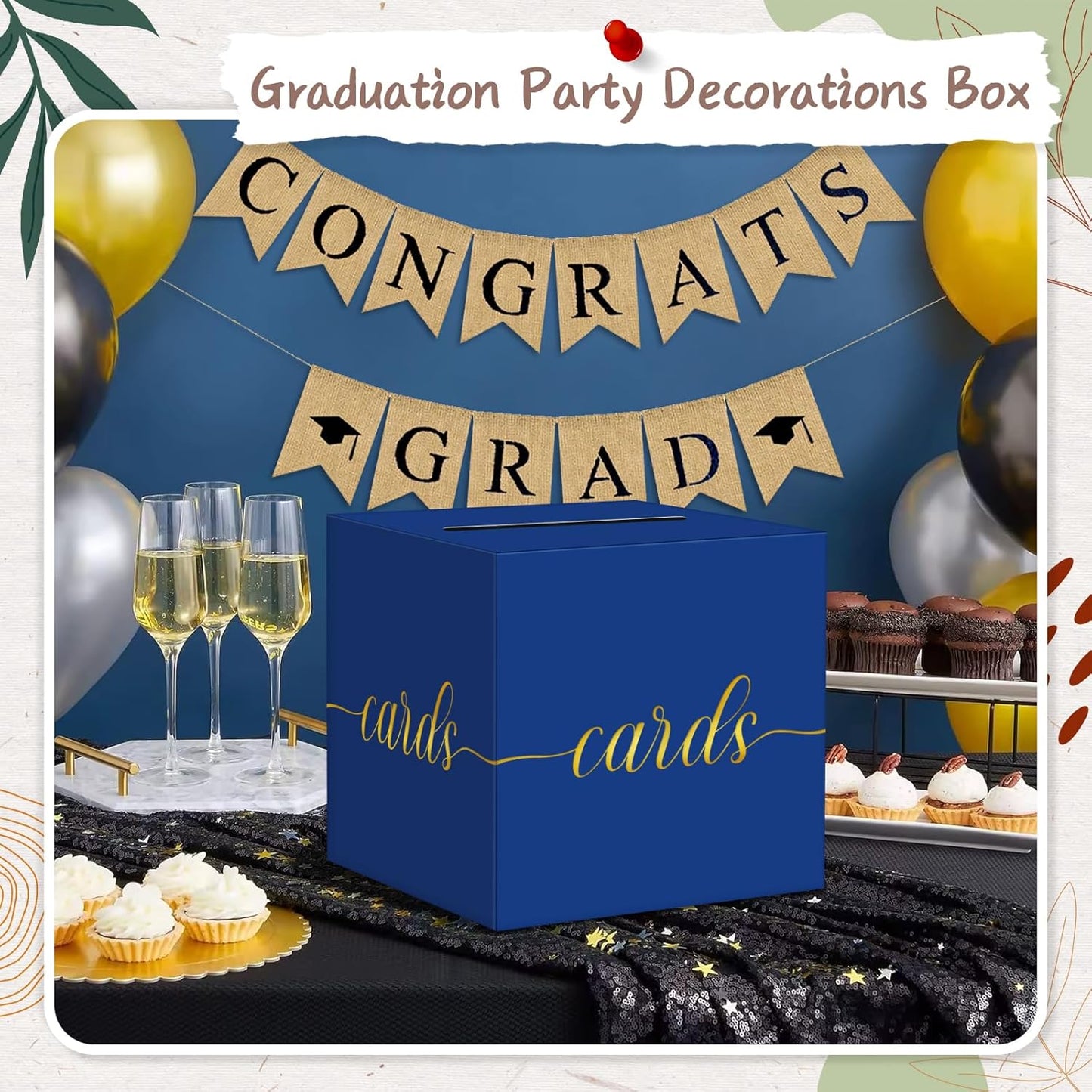 QIKSION Blue Graduation Card Box, Gold Foil Gift Card Box for Party, Graduation, Wedding Reception, Birthday, Baby Shower, Raffle