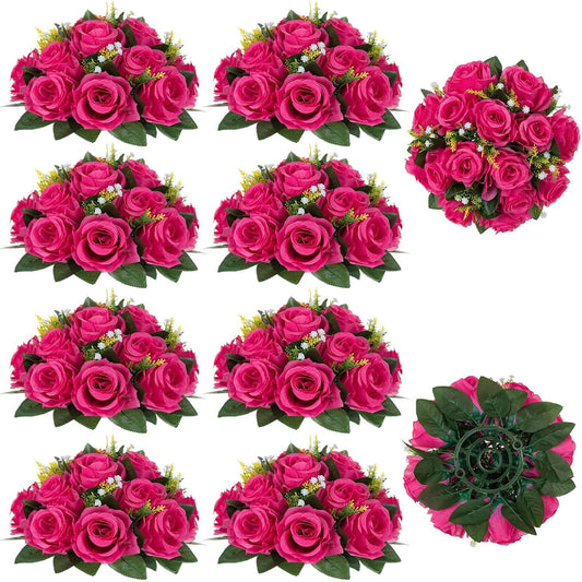 BLOSMON Hot Pink Flowers for Wedding: 10 Pcs Artificial Rose Balls for Table Decorations - Fake Silk Kissing Bouquet Floral Arrangement for Home Party Event Decoration