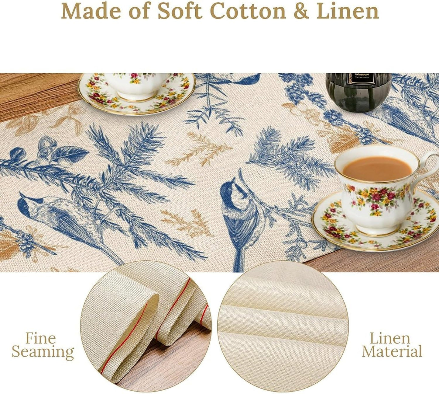 Floral Table Runner,Sketch Birds and Flowers Summer Table Runner Kitchen Dining Table Decoration for Home Party Decor 13x60 Inch