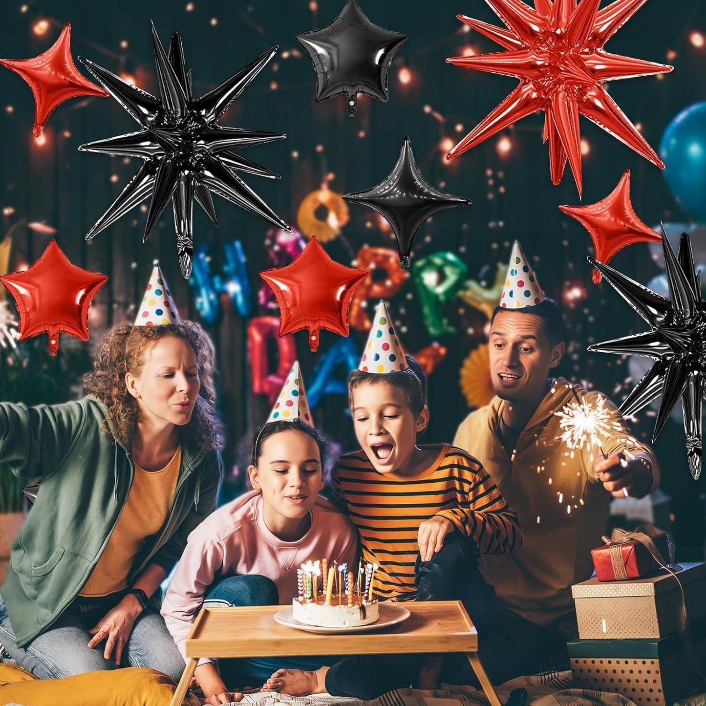Red Black Star Balloon,16Pcs Star Foil Balloons Set with 22Inch Explosion Spike Cone Balloons and 10Inch Quadrangle Helium Balloon for Birthday Wedding Baby Shower and Halloween Party Decorations