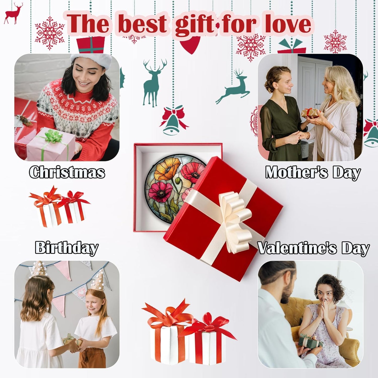 Stained Glass Window Hanging, Red Orange Poppy Birth Flowers Sun Catcher for Door Garden Yard Decor Wildflowers Suncatcher Christmas Mother Birthday Gifts for Women Men Mom Nana 11.8 in