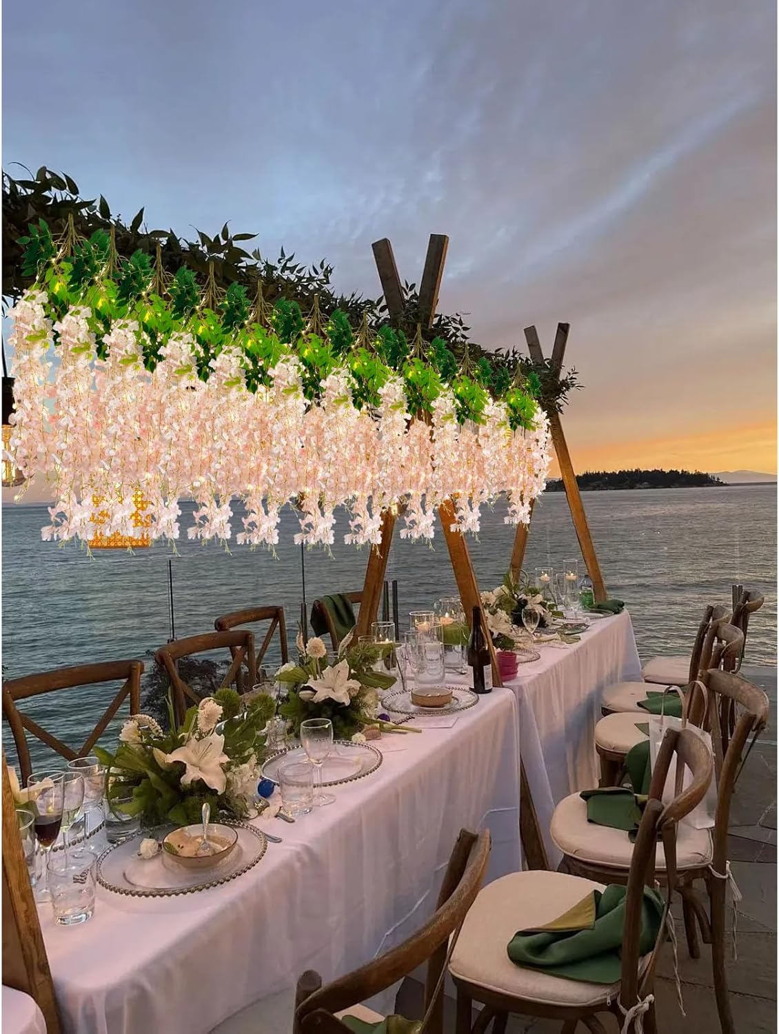 12 Pack Light Pink Wisteria Hanging Flowers Garland with Lights, 3.44 Feet Artificial Flower Vines, Fake Wisteria, Artificial Vines Hanging Garland for Backdrop Outdoor Patio Garden Decor