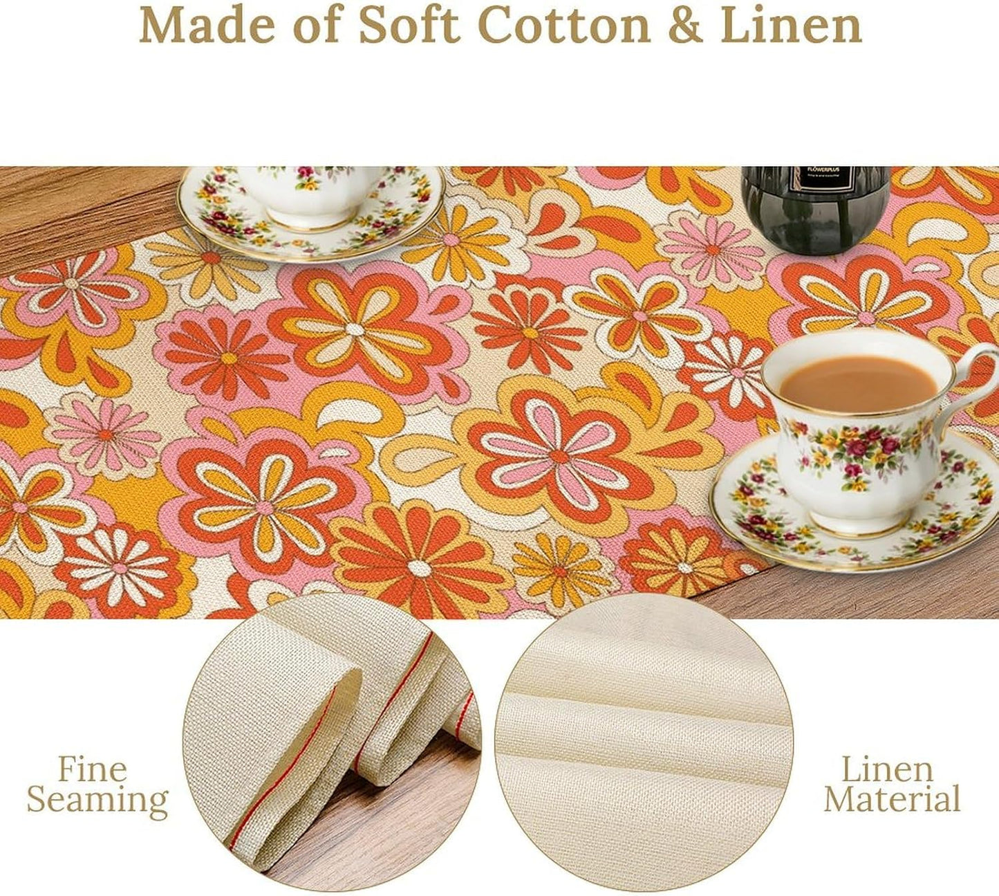 Vintage Floral Table Runner,70s Style Retro Daisies Flower Hippie Table Runner for Kitchen Dining Table Home Party Decoration 13x90 Inch