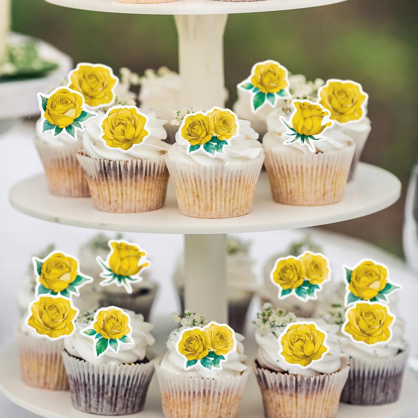 48PCS Edible Rose Flower Cupcake Toppers Wafer Paper Roses Decorations Flower Birthday Party Decorations Rose Cake Toppers for Wedding Engagement Birthday Party Cake Decor Supplies (Yellow)