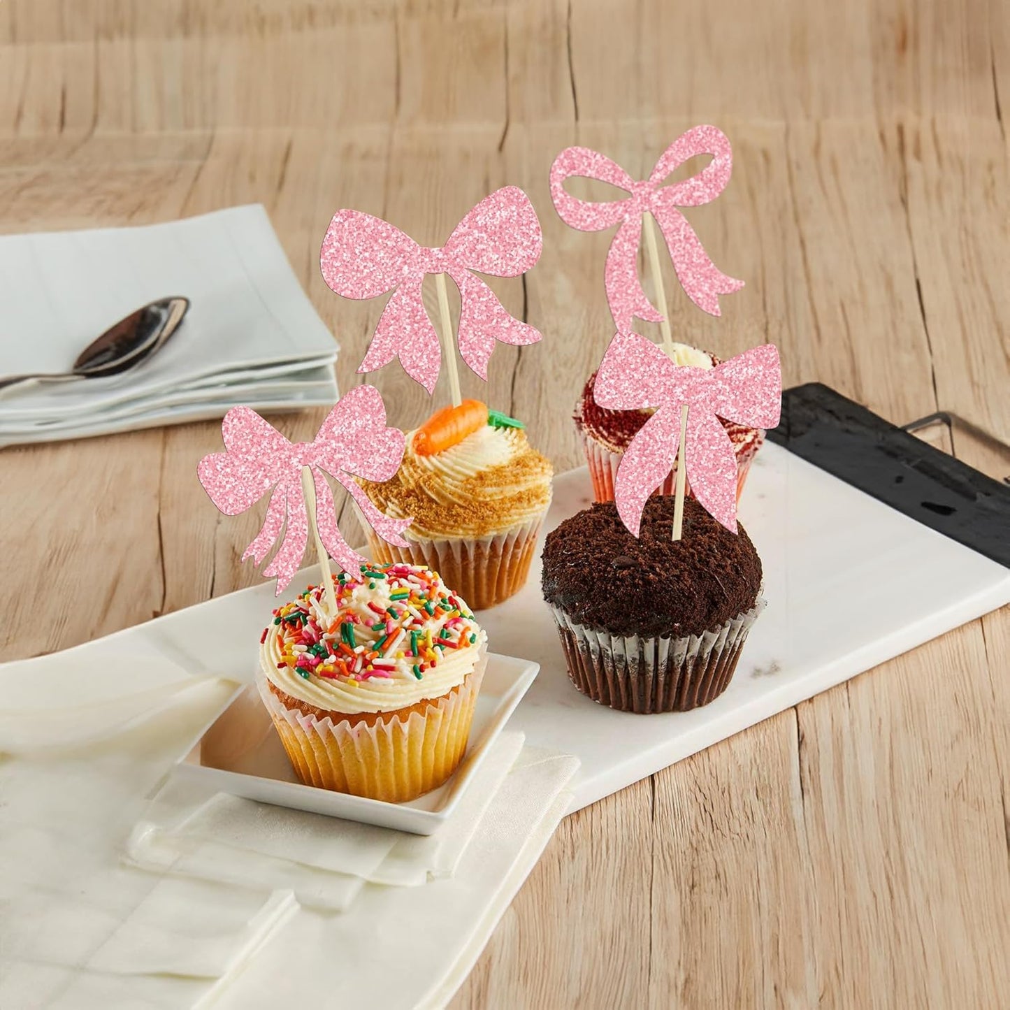 Gyufise 36Pcs Bow Cupcake Toppers Glitter Girls Birthday Decorations Bowknot Cupcake Picks Bow Tie Birthday Decorations Bow Cake Toppers for Bridal Baby Shower Bachelorette Party Supplies Pink