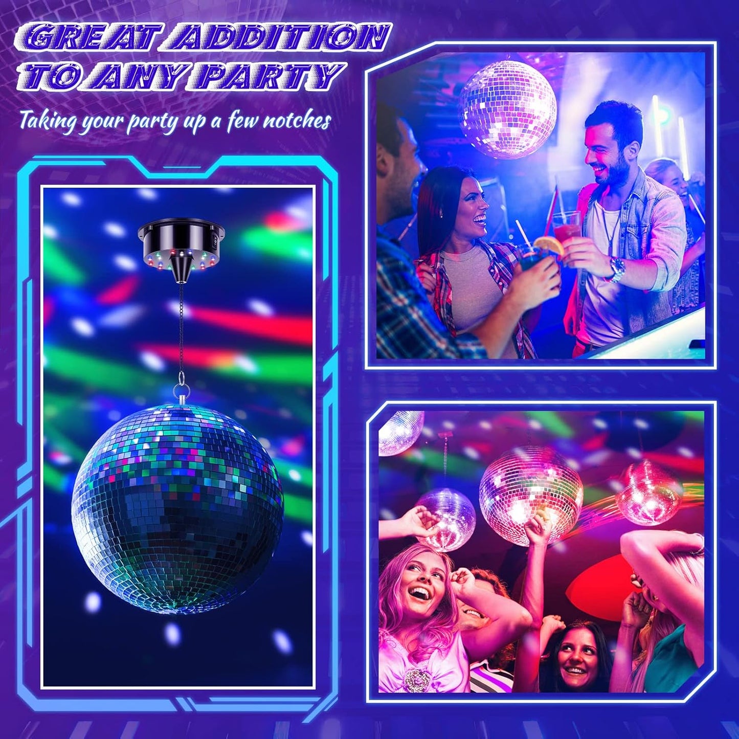 Disco Ball with Motor and Light, 8" Hanging Mirror Ball and 6RPM Batteries Powered Rotating Motor with 4 Light Colors and 18 LEDs for Disco Party Decoration, DJ Club