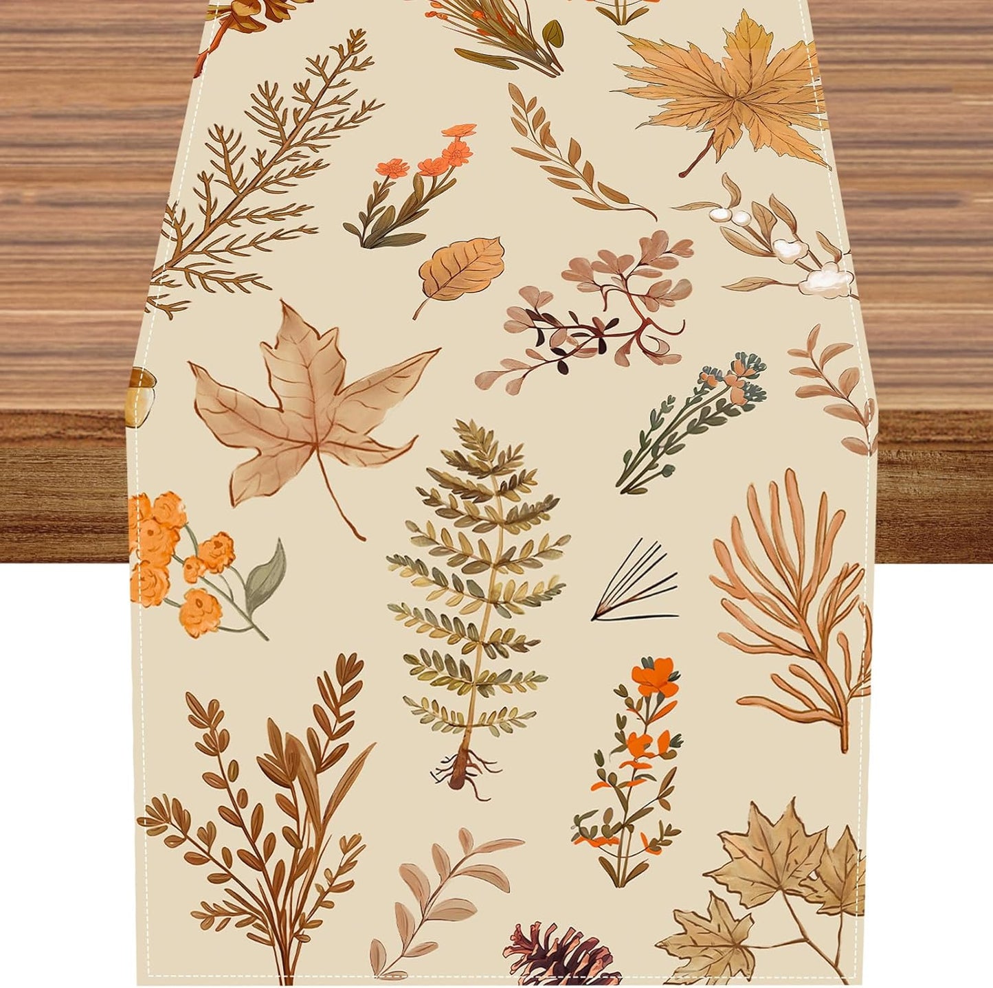 Grey Wildflower Leaves Floral Fall Table Runner, Seasonal Autumn Harvest Thanksgiving Burlap Farmhouse Indoor Outdoor Fall Kitchen Dining Decoration for Home Party 13x72 Inch