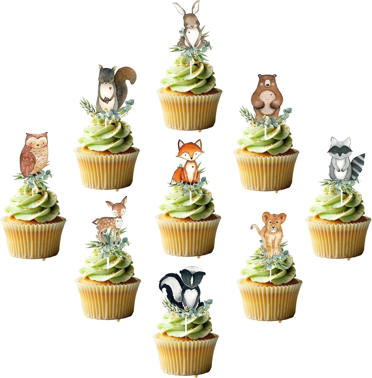 54-Piece Woodland Animal Cupcake Toppers – Neutral Forest Creatures Cake Picks for Baby Shower & Gender Reveal Party Decorations, Multicolor Fox, Deer, Owl & Bear Designs