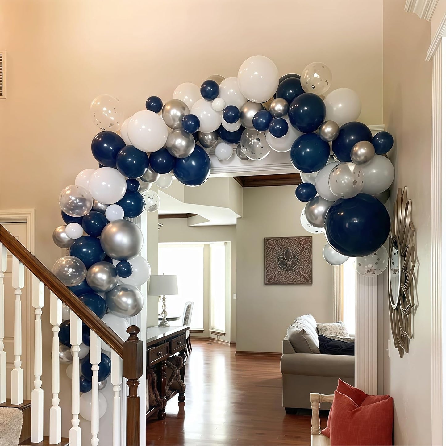 Navy Blue and Silver Balloons, Pearl Navy Blue Metallic Silver Latex Balloons Set Decor with 12 Inch Silver Blue Confetti Balloon for Boys Men Birthday Baby Shower Wedding Graduation Party Decorations