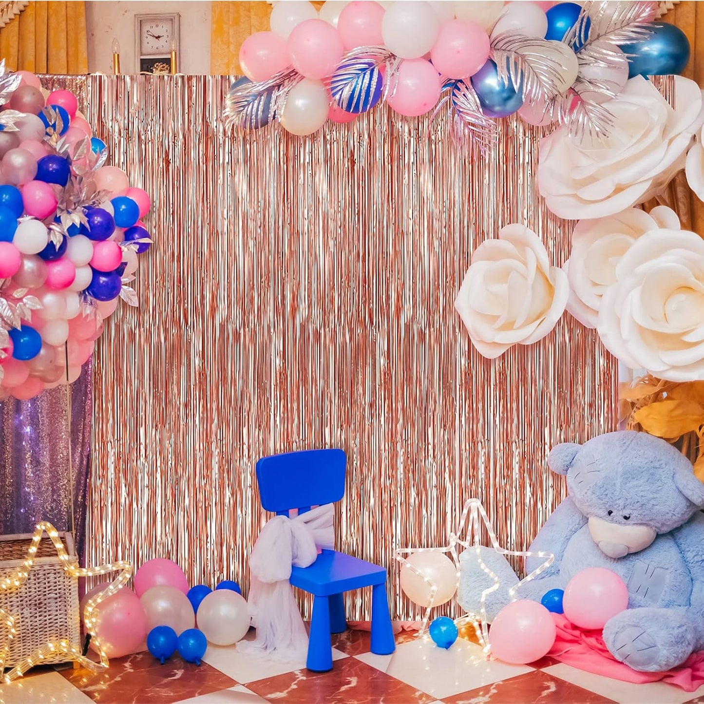 Crosize 4 Pack 3.3 x 9.9 ft Rose Gold Foil Fringe Backdrop Curtain, Streamer Backdrop Curtains, Streamers Birthday Party Decorations, Tinsel Curtain for Parties, Photo Booth Backdrops, Party Décor