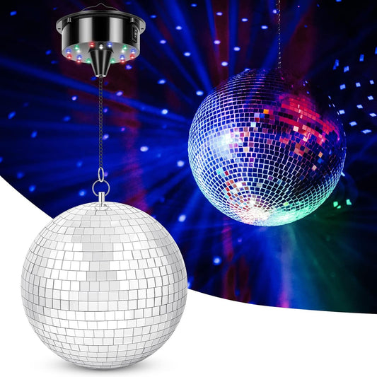 Disco Ball with Motor and Light, 8" Hanging Mirror Ball and 6RPM Batteries Powered Rotating Motor with 4 Light Colors and 18 LEDs for Disco Party Decoration, DJ Club