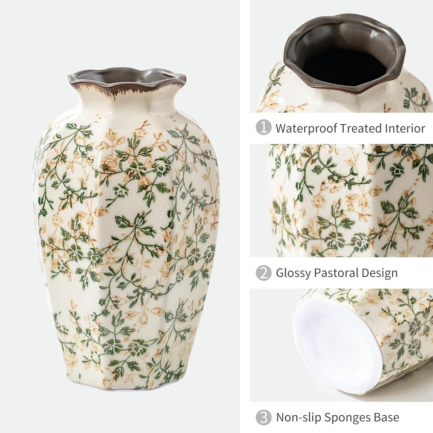 Vintage Pastoral Octagonal Vase, Green and Beige Retro Ceramic Flower Vase, Rustic Farmhouse Vases Chinoiserie Floral Large Vase for Home Decor, Living Room, Kitchen, Bedroom and Shelf 9.1 Inch