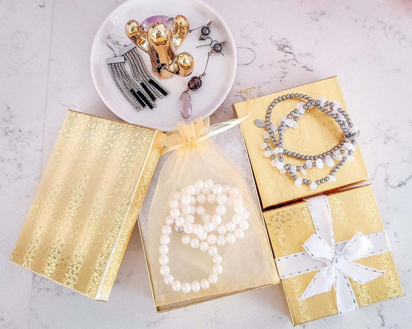 TheDisplayGuys - 25-Pack #53 Kraft Paper Cardboard Gift Boxes/Jewelry Cases w. Cotton Padding & Lid - Gold Foil - (5.4" x 3.9" x 1.0")