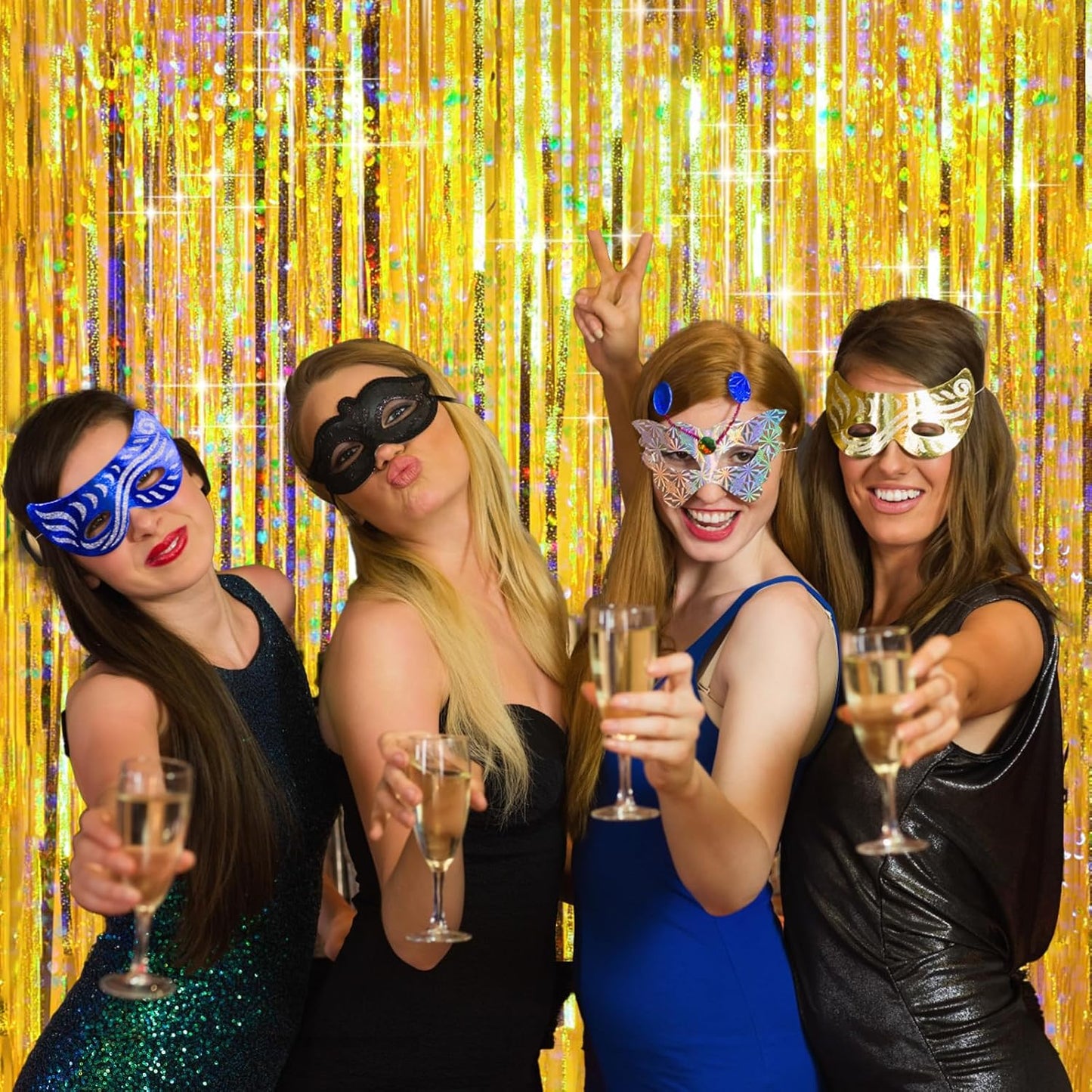 4 Packs Gold Foil Fringe Curtain, Gold Glitter Metallic Tinsel Backdrop for Birthday, Wedding, Baby Shower, Bachelorette, Graduation, Christmas, New Years Eve Party Decorations Supplies