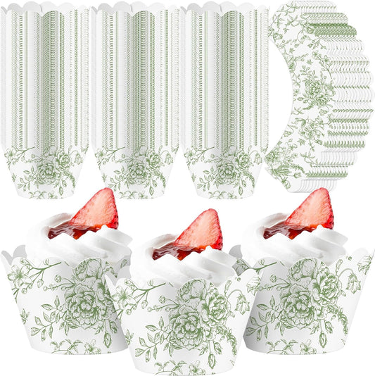 Domensi 100 Pcs Cupcake Wrappers Rustic Cupcake Liners Baking Cups Baking Liners for Wedding Bridal Baby Shower Birthday Party Supplies Dessert Decoration(Green, Floral)