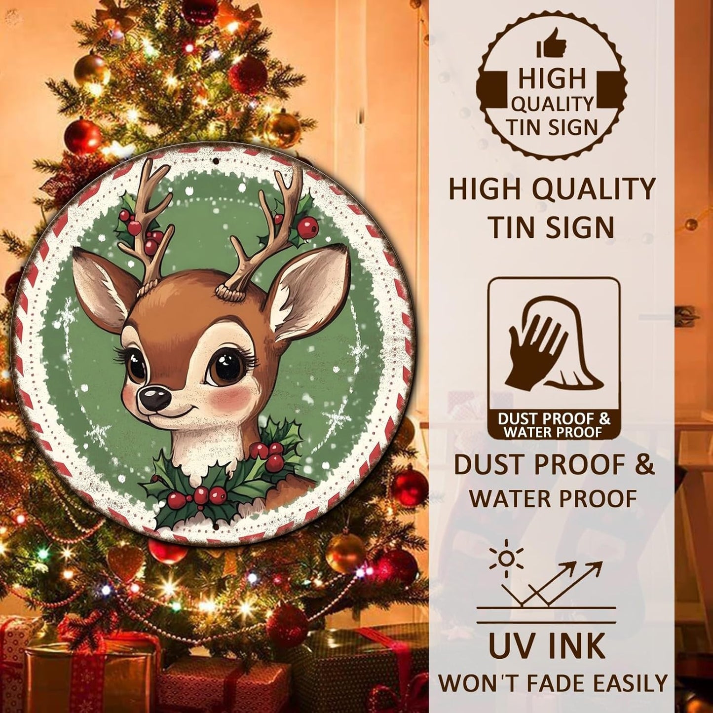 Round Retro Reindeer Metal Tin Sign - Vintage Christmas Decor for Home Coffee Wall - 12 * 12 in