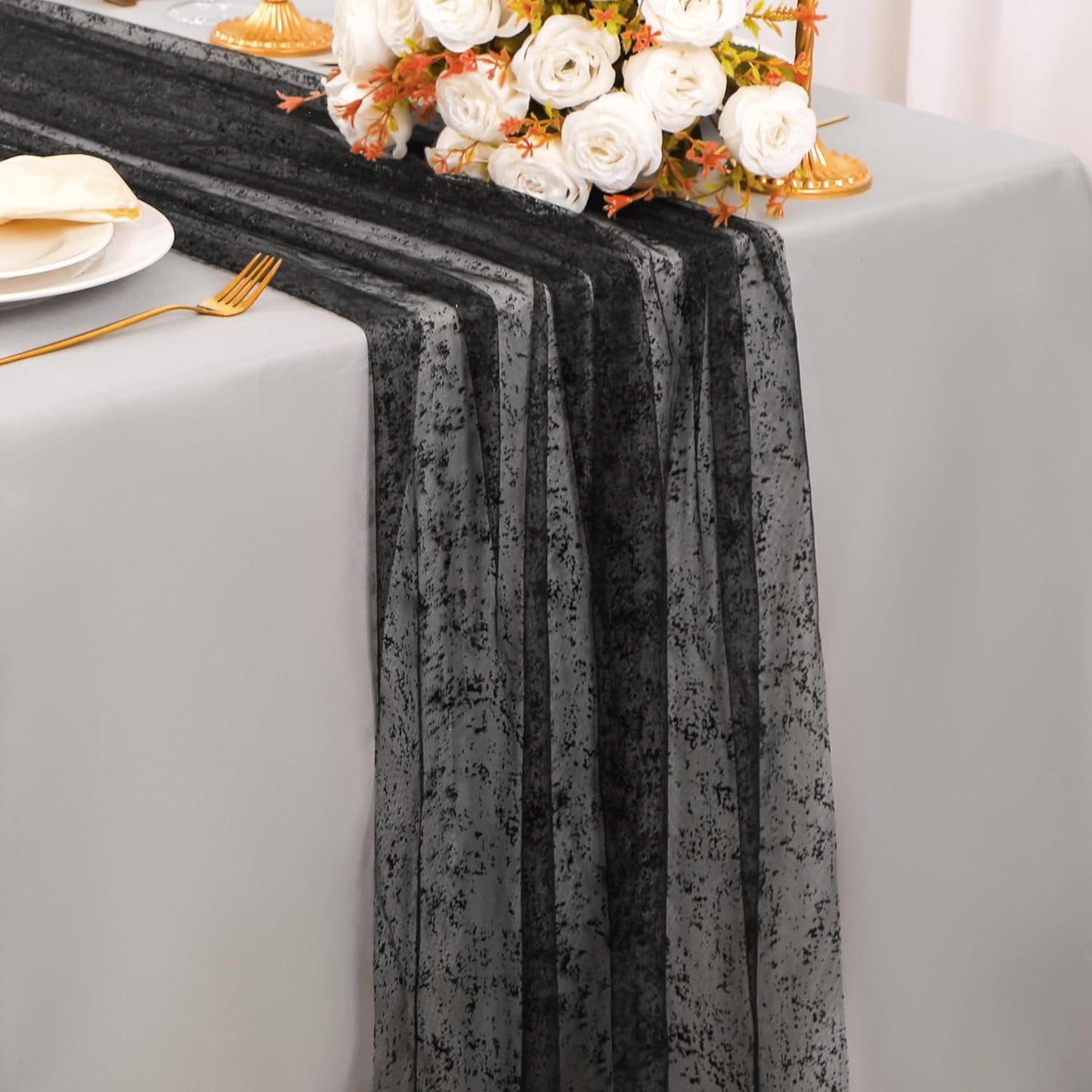 Snowkingdom Black Table Runner, 10FT Sheer Tulle Cheesecloth Gauze Metallic Mesh Foil Table Decoration for Halloween, Party, and Christmas