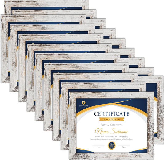 PETAFLOP Bulk Document Frames 8.5x11 Certificate Picture Frame Set of 18, Distressed White Frame for Wall Tabletop Vertically and Horizontally