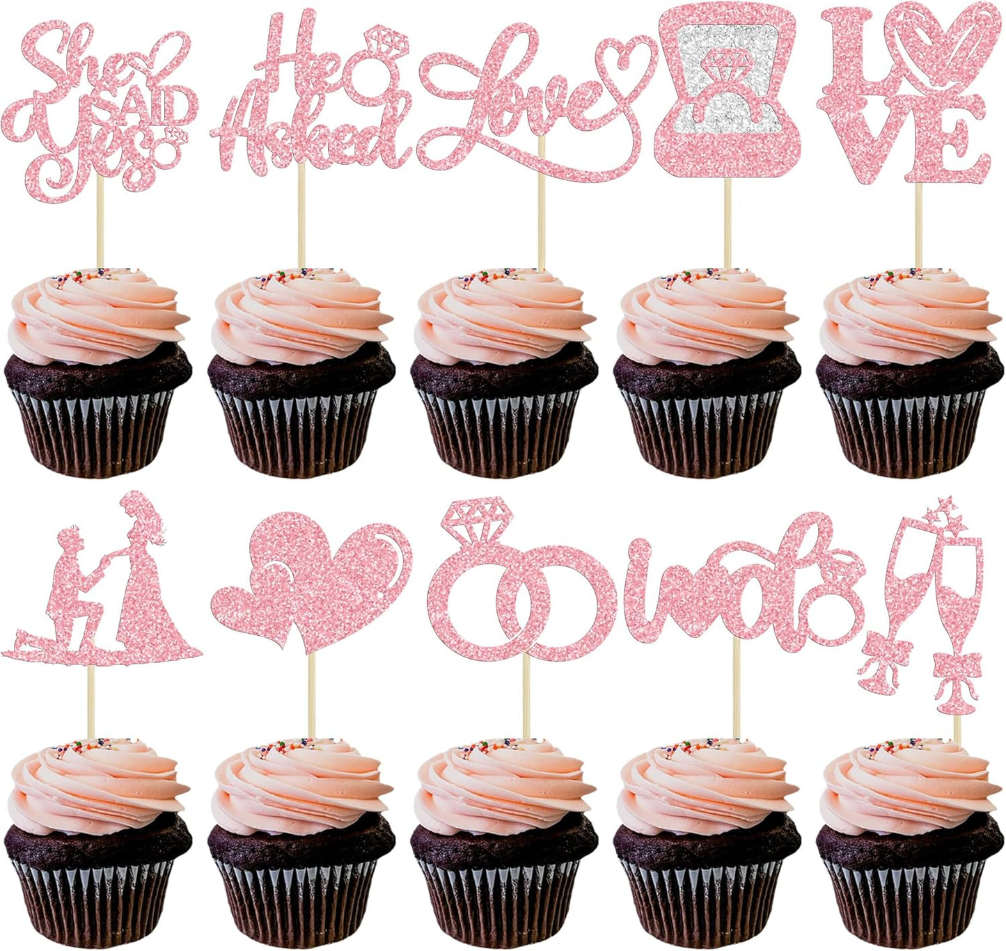 Ephlyn 30Pcs He Asked She Said Yes Cupcake Toppers Glitter Engagement Cupcake Toppers Diamond Ring Heart Love I Do Cupcake Picks for Engagement Wedding Party Cake Decorations Pink